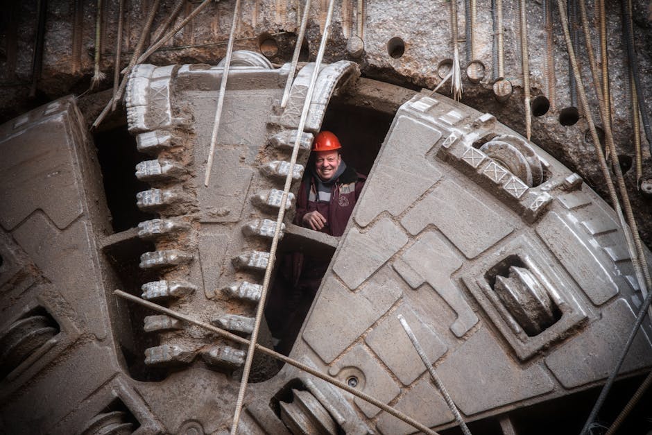 A construction worker wearing a red safety helmet is seen smiling through an open walkway within a large underground tunnel boring machine, which has a circular cutting head with metal teeth and detailed mechanical components. The tunnel walls are lined with metal reinforcement bars and support structures, and the surrounding environment is dimly lit with visible cables and scaffolding. The worker appears to be inside a confined space, surrounded by concrete and steel, indicating a segment of the home relocation process involving heavy machinery and precise positioning of equipment. This scene illustrates the complex logistics and machinery involved in underground construction or tunneling projects, relevant to the scope of house removals and transport services, especially when navigating tricky access jobs such as tunnel or excavation work. Man With a Van Rotherhithe offers professional removals and logistical support for projects that require careful planning and equipment handling during home or property relocations.