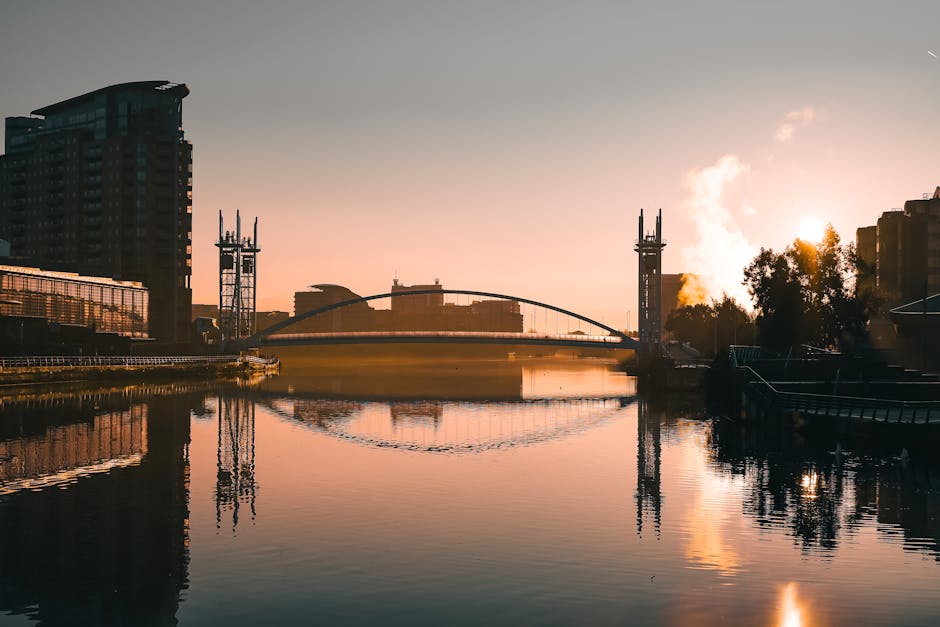 A panoramic view of Rotherhithe's waterfront at dusk, featuring modern high-rise buildings with glass facades reflecting the evening sky. The river in the foreground is calm, with a single swan floating near the centre, and gentle lighting from the surrounding structures illuminates the scene. On the left, a multi-storey building with curved glass windows is visible, while to the right, a distinctive cylindrical tower with a lattice-like top stands out amidst other contemporary office and apartment blocks. The scene captures the urban landscape typical for a home relocation area, with no people or vehicles in motion but an environment suitable for furniture transport and moving logistics. This setting illustrates the type of locale where professional removals, such as those by Man With a Van Rotherhithe, may operate during a furniture move or packing and moving process, highlighting the area's modern infrastructure and quiet waterside ambiance.